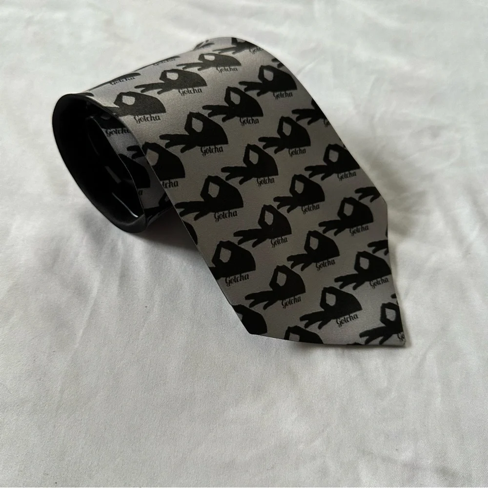 Gotcha Novelty Print Black & Silver Wide 58” x 4” Necktie Easy Care Polyester